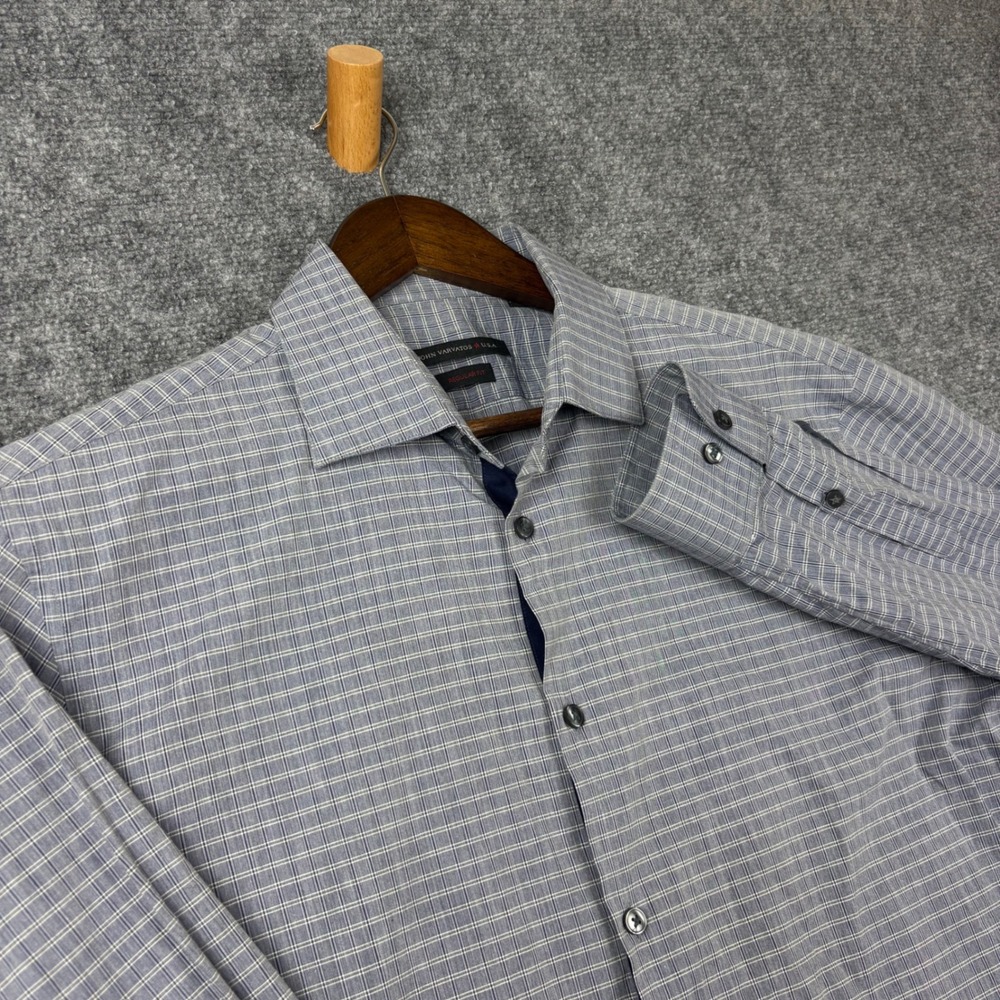 John Varvatos USA Mens Blue Check Button Down Shirt Regular Fit 16 32/33 Cotton
